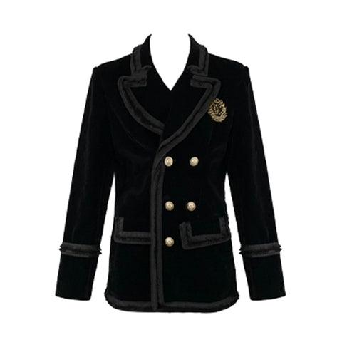 PERHAPS U Black Notch Collar Blazer Long Sleeve Double-breasted Pocket Loose Velvet C0536