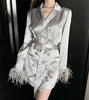 PERHAPS U Women Black Gray Sash Button Long Sleeve Notch Collar Blazer Satin Double-breasted Solid C0318