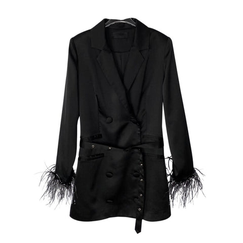 PERHAPS U Women Black Gray Sash Button Long Sleeve Notch Collar Blazer Satin Double-breasted Solid C0318