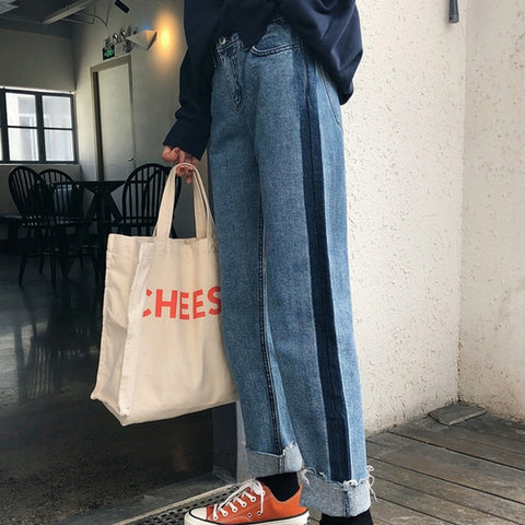 Panelled Jeans For Women Tassel High Waist Jeans Woman Cuffs Straight Denim Pants Vintage Loose Trousers Warm Women Jean