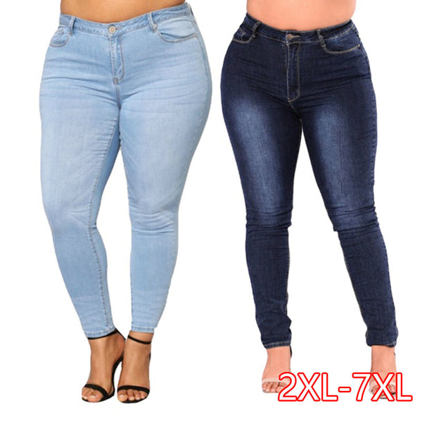 PLUS SIZE Jeans Women High Waist waisted Skinny Pencil Blue Denim Pants women Stretch solid elastic Jeans women 4XL 5XL 6XL 7XL
