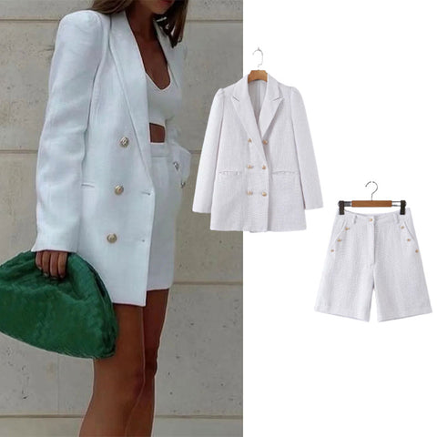 PPYQYKX Za Blazer 2023 Women&#39;s Autumn Woollen Puff Sleeve White Blazer Office High Street Ladies Casual Shorts Business Suit