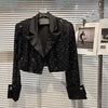 PREPOMP 2023 Autumn Long Sleeve Notched Collar Double Breasted Buttons Bright Sequins Black Short Jacket Blazer Women GG276