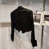 PREPOMP 2023 Autumn Long Sleeve Notched Collar Double Breasted Buttons Bright Sequins Black Short Jacket Blazer Women GG276