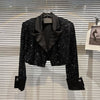 PREPOMP 2023 Autumn Long Sleeve Notched Collar Double Breasted Buttons Bright Sequins Black Short Jacket Blazer Women GG276