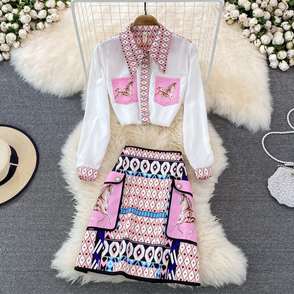 PREPOMP 2023 Suit Female Celebrity Temperament Print Loose Long Sleeve Shirt 2-piece Set High Waist Skirt GE342