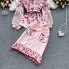 PREPOMP 2023 Temperament Suit Spring Summer Ladies Shirt Design Lace Stitching Elegant Print Skirt Two Piece Set Outfits GB542