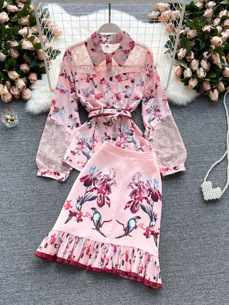 PREPOMP 2023 Temperament Suit Spring Summer Ladies Shirt Design Lace Stitching Elegant Print Skirt Two Piece Set Outfits GB542