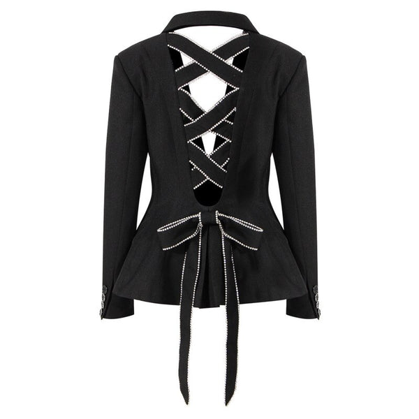 PREPOMP Autumn Women Coat Turn-down Collar Black Hollow Out Bow Bandage Rhinestone Slim Blazer Women Jacker GF990