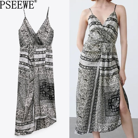 PSEEWE Za 2022 Strappy Long Dress Woman Black Print Midi Slip Dress Women Summer Backless Party Dresses Ruched Slit Sexy Dresses