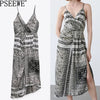 PSEEWE Za 2022 Strappy Long Dress Woman Black Print Midi Slip Dress Women Summer Backless Party Dresses Ruched Slit Sexy Dresses