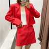 PSEEWE Za Blazer Skirt Suits Red Double Breasted Cropped Blazer Women's Elegant Sets High Waist Mini Skirt Office Casual 2 Pcs