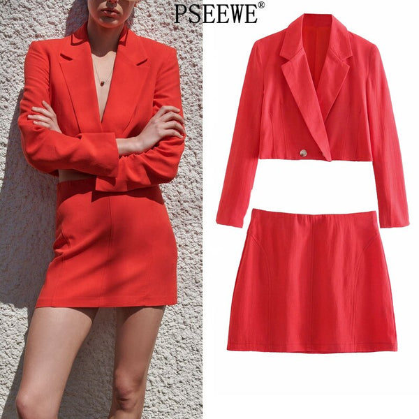 PSEEWE Za Blazer Skirt Suits Red Double Breasted Cropped Blazer Women's Elegant Sets High Waist Mini Skirt Office Casual 2 Pcs