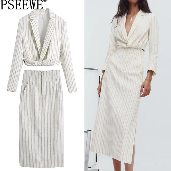 PSEEWE Za Set Woman Skirt Suits White Striped Cropped Blazer Set 2 Pieces High Waist Long Skirt Women Elegant Office Summer Suit