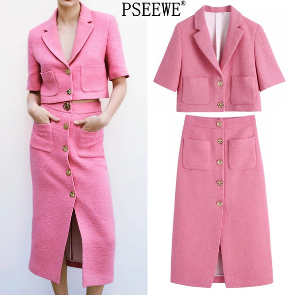 PSEEWE Za Women Sets Tweed Short Sleeve Cropped Blazer Woman Button Long Skirts Blazer And Skirt Set Women's Office Suit