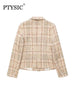 PTYSIC Women Khaki Tweed Blazer Jacket Single Breasted Long Sleeve 2023 Spring Casual Girls Button Up Office Lady Coat