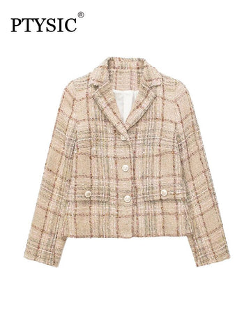 PTYSIC Women Khaki Tweed Blazer Jacket Single Breasted Long Sleeve 2023 Spring Casual Girls Button Up Office Lady Coat