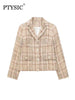 PTYSIC Women Khaki Tweed Blazer Jacket Single Breasted Long Sleeve 2023 Spring Casual Girls Button Up Office Lady Coat