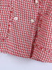 PTYSIC Stylish Women Red Plaid Tweed Blazer Jacket 2023 Office Lady Double Breasted Button Up Slim Coat High Waist Outerwear
