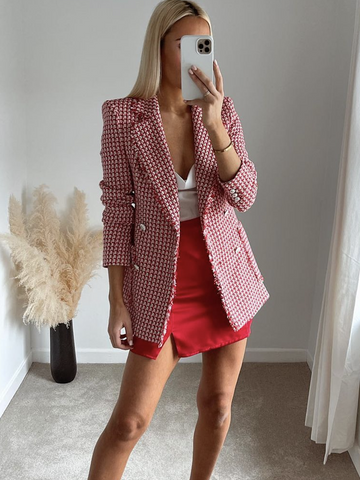 PTYSIC Stylish Women Red Plaid Tweed Blazer Jacket 2023 Office Lady Double Breasted Button Up Slim Coat High Waist Outerwear
