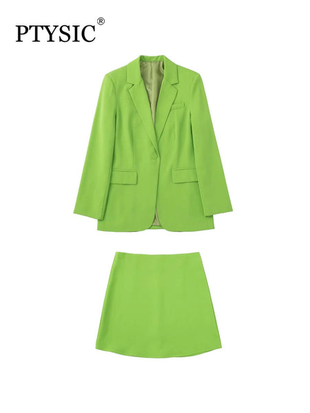 PTYSIC Women Office Lady Apple Green Flap Pockets Blazer Coat A-LINE Back Zipper Fly Skirts Straight Casual Two Piece Sets