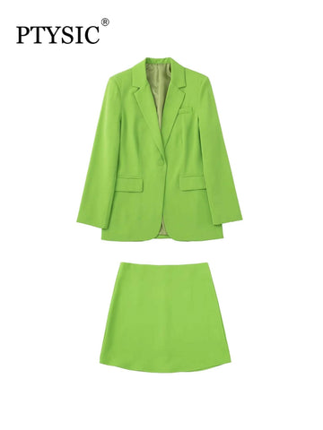 PTYSIC Women Office Lady Apple Green Flap Pockets Blazer Coat A-LINE Back Zipper Fly Skirts Straight Casual Two Piece Sets
