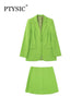 PTYSIC Women Office Lady Apple Green Flap Pockets Blazer Coat A-LINE Back Zipper Fly Skirts Straight Casual Two Piece Sets