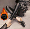 PU Leather Pants Women Elastic Rivet Trousers Plus Size Winter Thick Velvet Slim Pencil Pants high waist Leggings Spring 2022