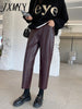 PU Leather Pants Women's 2023 Autumn And Winter High Waist Nine-Point Elegant Casual Pants Slimming All-Match Straight Pants