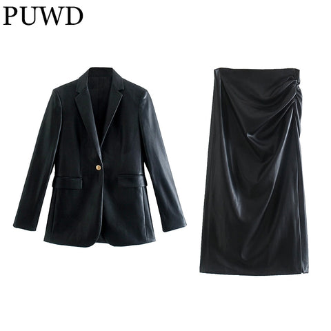 PUWD Commuter Women Faux Leather Suit Skirt Set 2023 Autumn/Winter Casual Retro Streetwear Solid Color Blazer Slim Female Skirt
