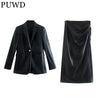 PUWD Commuter Women Faux Leather Suit Skirt Set 2023 Autumn/Winter Casual Retro Streetwear Solid Color Blazer Slim Female Skirt