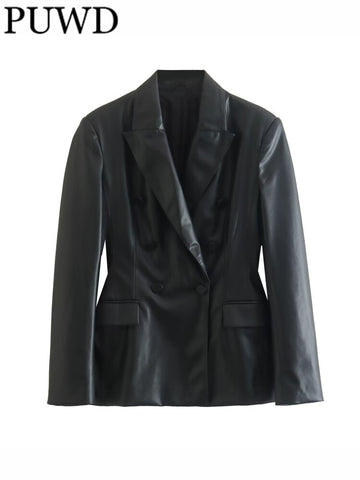 PUWD Women Double-breasted Faux Leather Blazer Coat Vintage Long Sleeve Flap Pockets Female Outerwear Chic Veste Femme