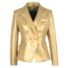 PYJTRL Women Elegant High Street Quality suit Jacket Metal Buttons PU Leather Gold Blazer