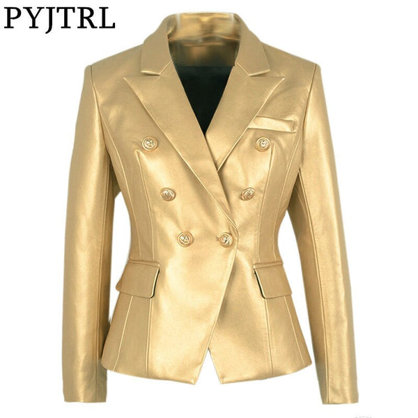 PYJTRL Women Elegant High Street Quality suit Jacket Metal Buttons PU Leather Gold Blazer