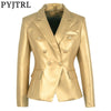 PYJTRL Women Elegant High Street Quality suit Jacket Metal Buttons PU Leather Gold Blazer