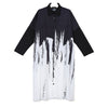 Painting Style Woman Summer Long Sleeve Black And White Printed Shirt Dress Tie Dye Plus Size Midi Casual Dress Robe Femme 3400