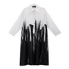 Painting Style Woman Summer Long Sleeve Black And White Printed Shirt Dress Tie Dye Plus Size Midi Casual Dress Robe Femme 3400
