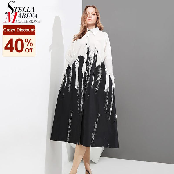 Painting Style Woman Summer Long Sleeve Black And White Printed Shirt Dress Tie Dye Plus Size Midi Casual Dress Robe Femme 3400