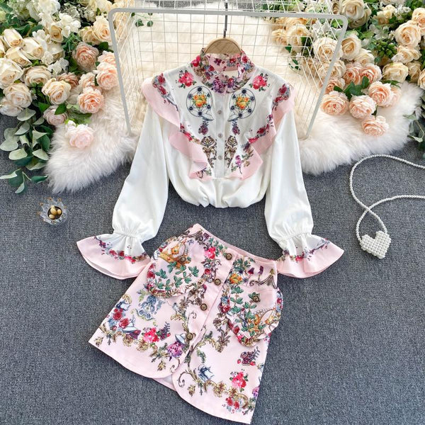 Palace style retro printing western style skirt suit two-piece suit ladies temperament ladies shirt all-match skirt trend