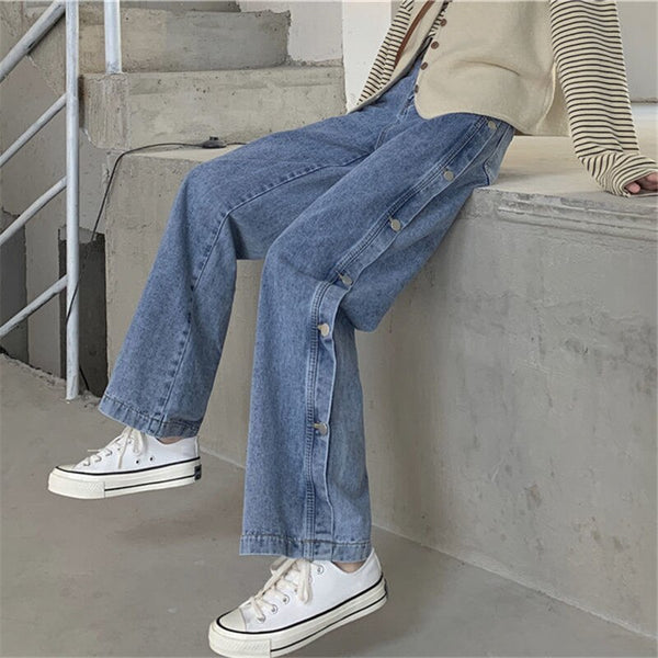 Pant Jeans Women Spring and Summer Solid Color High Waist Loose Buttons High Street Commuter Straight Denim Trousers