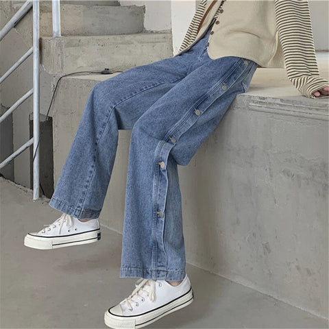 Pant Jeans Women Spring and Summer Solid Color High Waist Loose Buttons High Street Commuter Straight Denim Trousers