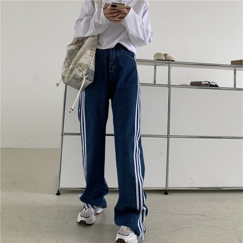 Pantalon Femme Pocket High Waist Dark Blue Jeans Striped Straight Loose Slit 100% Cotton Stretch Jeans Women Plus Size Trousers