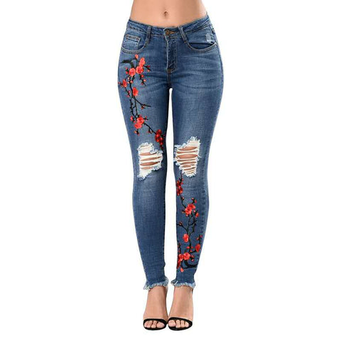 Pants Women 2022 Stretch Embroidered Jeans For Women Elastic Flower Jeans Female Hole Pencil Denim Pants Causal Waist High Jeans