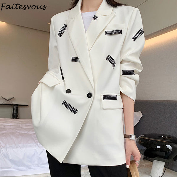 Patch Designs Blazer Women England Style Black White Blazers Female Loose Long Sleeve Suit Jacket