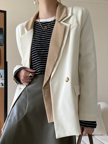 Patchwork Chic Blazers Woman 2023 Autumn Double Breasted Long Sleeve Cozy Coat Femme Casual Vintage Elegant Suit Outerwear Tops