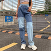 Patchwork Cargo Jeans Women High Waist Buttons Fly Streetwear Straight Pants 90s Retro Punk Straight Denim Pants