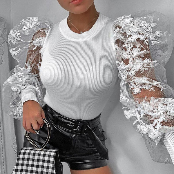 Patchwork Lace Puff Sleeve Blouse Shirts Women O Neck Autumn Rib Knitted White Sweater Tops Sexy Vintage Tees Shirts