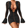 Patchwork Ribbed Bodycon Dresses Stripe Low-Cut Hollow Out Long Flared Sleeve Club Partywear Fashionable Lace Up Fall Clothing