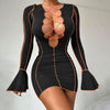 Patchwork Ribbed Bodycon Dresses Stripe Low-Cut Hollow Out Long Flared Sleeve Club Partywear Fashionable Lace Up Fall Clothing