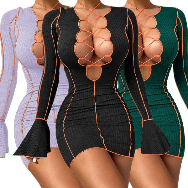 Patchwork Ribbed Bodycon Dresses Stripe Low-Cut Hollow Out Long Flared Sleeve Club Partywear Fashionable Lace Up Fall Clothing